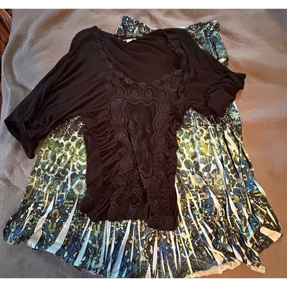 Energe Shirt Top Blouse Skirt Lined Lace Boho Glam Black Teal Lot Of‎ 2 Size M